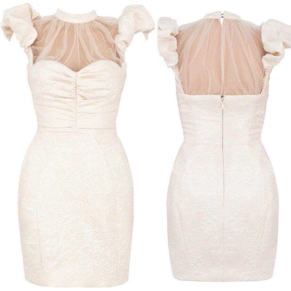 House Of Cb 'Cherelle' Ivory Jacquard Puff Sleeve Dress Size Large Nwot